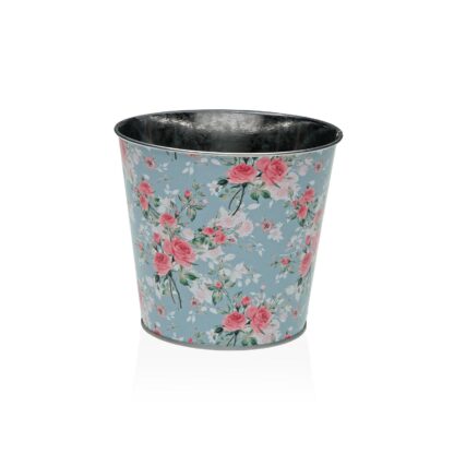 SMALL BLUE METAL POT WITH FLOWERS