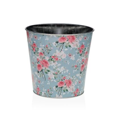 XL BLUE METAL POT WITH FLOWERS