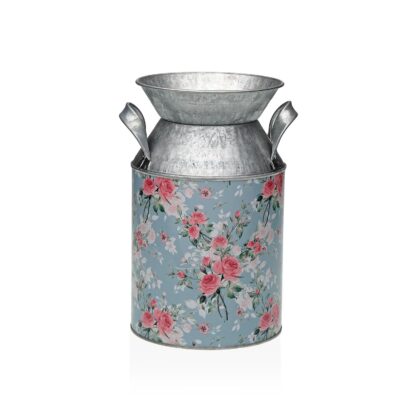 BLUE METAL VASE WITH FLOWERS