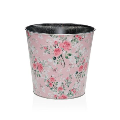 XL PINK METAL POT WITH FLOWERS