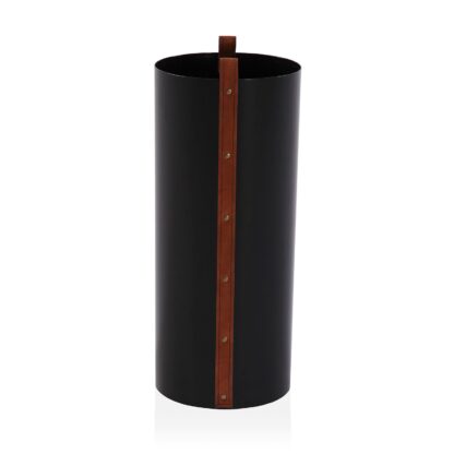 BLACK UMBRELLA STAND WITH BROWN LEATHER DETAIL