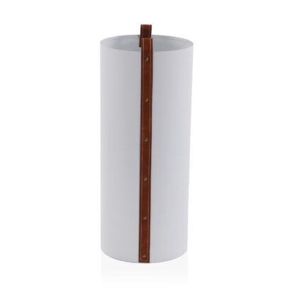 WHITE UMBRELLA STAND WITH BROWN LEATHER DETAIL