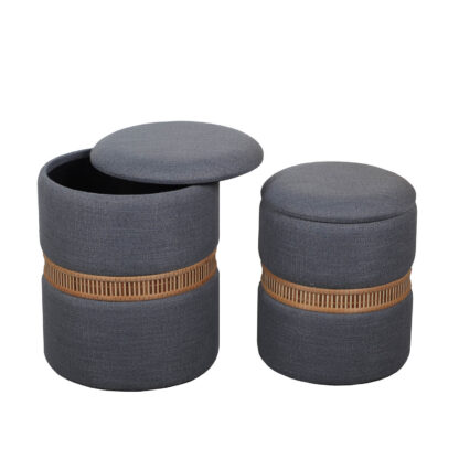 SET OF 2 DARK GREY BAMBOO RING STORAGE POUFFES - Image 2