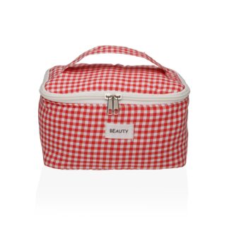 RED VICHY TOILETRY BAG WITH HANDLE