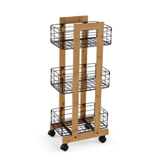 RECTANGULAR BAMBOO SHELF WITH 3 BLACK BASKETS