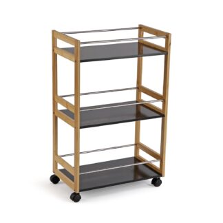 BLACK BAMBOO 3-SHELF TROLLEY WITH WHEELS